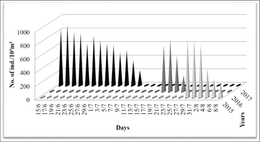 Density of R. nomadica in Egyptian coast off Port Said during bloom period throughout three consecutive years (2015-2017).