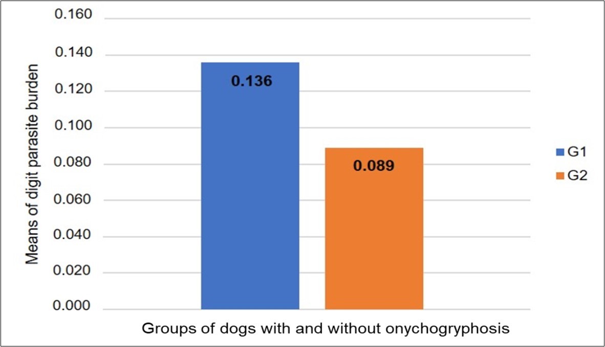 Parasite load means ascertained from the comparison between the groups of dogs with onychogryphosis (G1) and without onychogryphosis (G2). Tukey’s test (p=0.0538).
