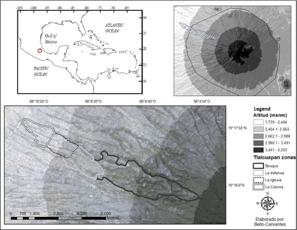 Location of the SPT in the National Park La Malinche Tlaxcala, Mexico. Top left of the image represents the location of the National Park La Malinche inside Mexico. Top right, represents SPT within the national park. In the lower part of the image, the 4 main areas of the studio area are shown.