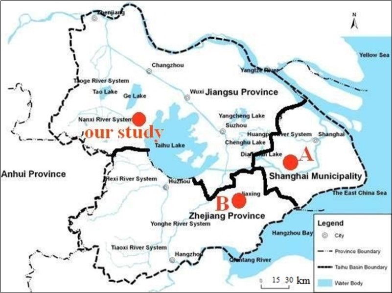 The experiment location of our study and Wang et al. 42 study in Shanghai (A) and Ye et al. 43 study in Zhejiang Province