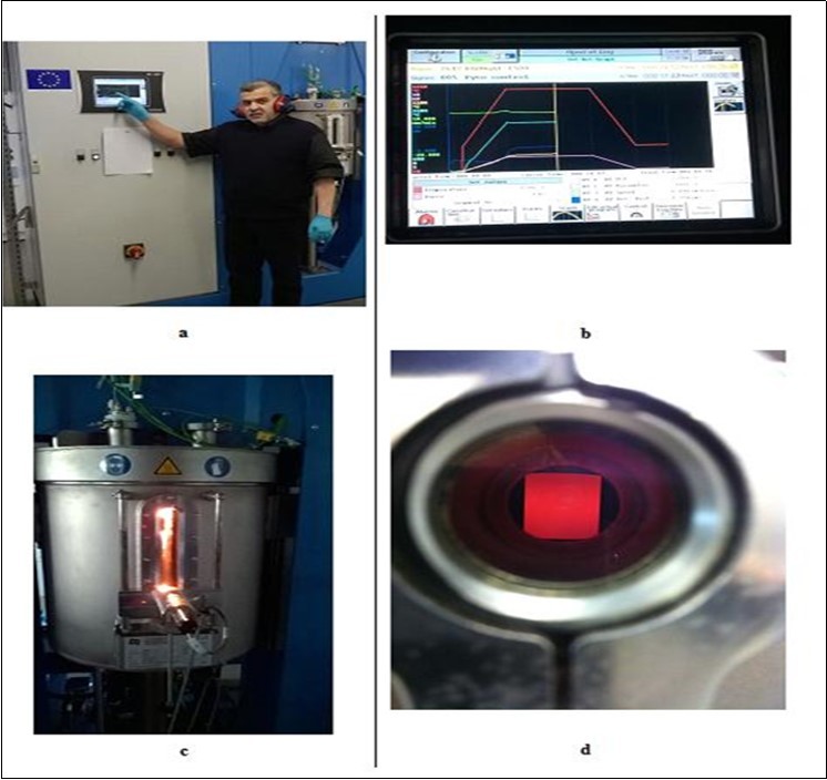 SINTER-LAB, FCT–HP D 25, PS-1050, ENSICAEN. (a)-The author, (b)-Variation of the displacement, the displacement rate and the temperature in dependence of the heating time, (c, d)- The plasma produced by the current in the SPS chamber.