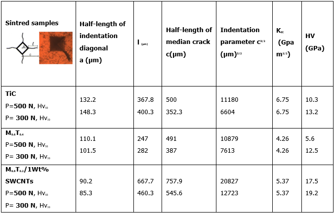 Data of Vickers indentation cracks and fracture toughness (KIC)