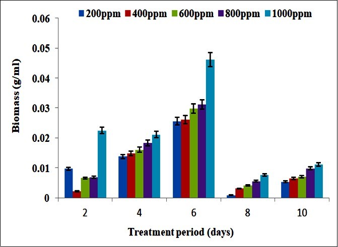 Biomass (g/ml) of Bacillus subtilis during lead treatment