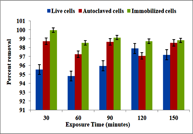 Percent removal of lead after treatment with Bacillus subtilis of different preparations
