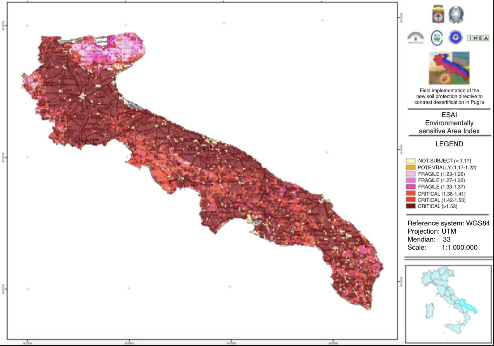 Map of the environmental sensitivity to desertification of Puglia (ARPA, 2010). 18