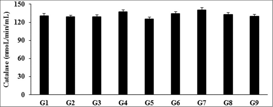 Enzymic antioxidant level (catalase) after treatment with the test formulation in male Sprague Dawley rats.