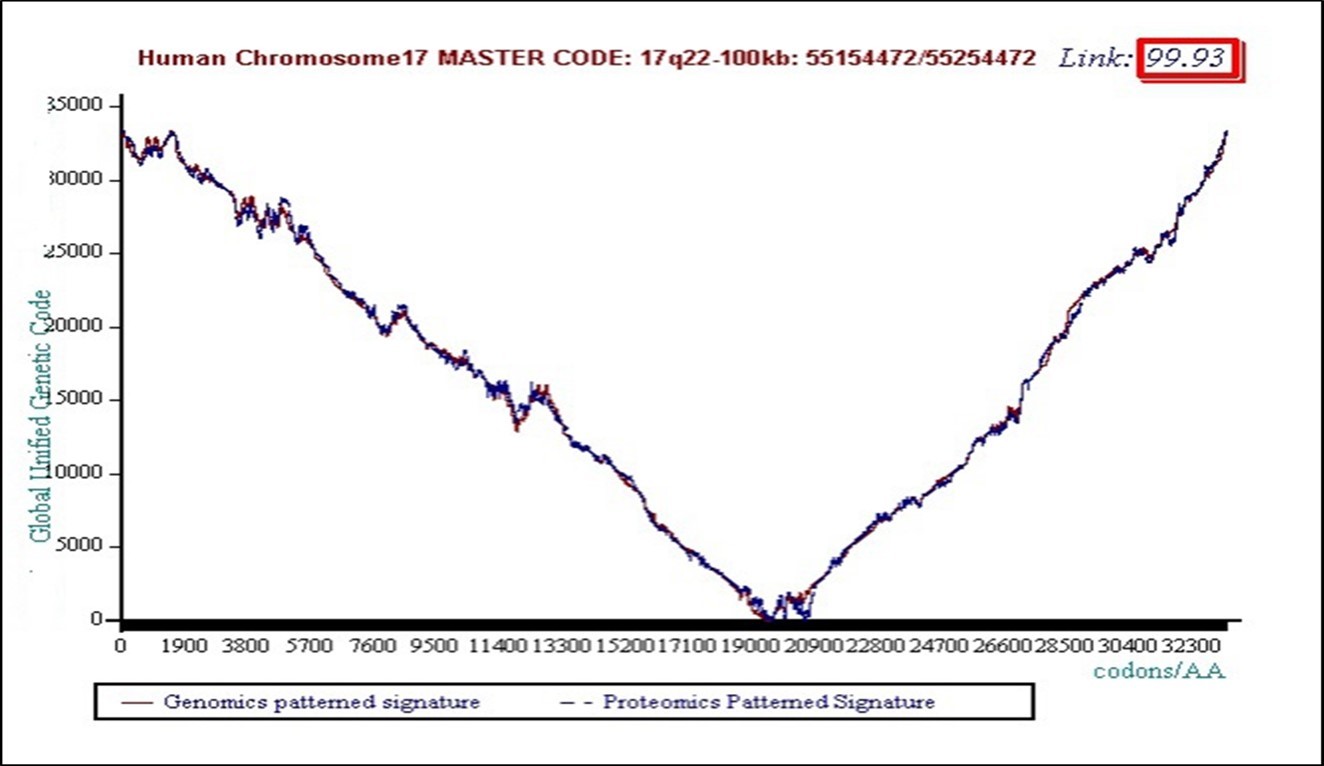 illustration of the high correlation coupling between genomics and proteomics images of a 100kb stretch of chromosome 7 (99.93% correlation).