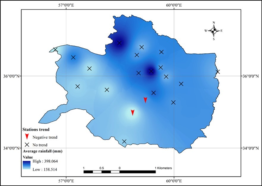 The average annual rainfall (mm) and the rainfall trend in the study area.