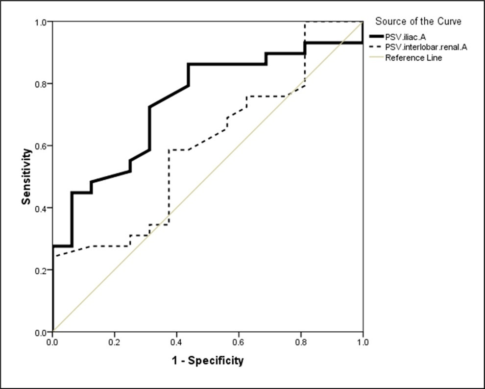 The area below the ROC curve for PSV of the iliac and interlubar arteries in the distinction between ATN and transplant rejection groups