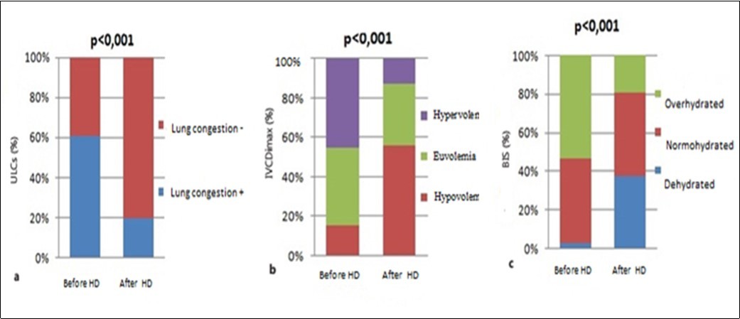 Distribution of groups according to fluid status determined by lung ultrasound comets (a), inferior vena cava diameter (b), bioimpedance spectroscopy (c), before and after hemodialysis session