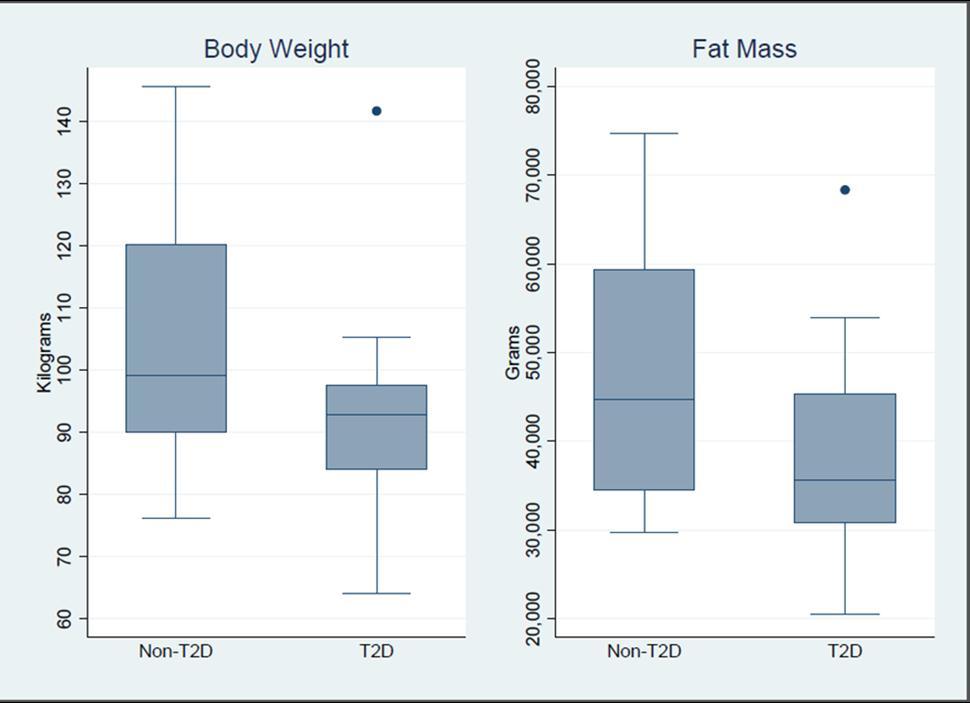 Baseline body weight and fat mass in obese adolescent subjects with and without T2D