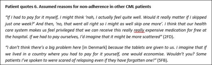 Assumed reasons for non-adherence in other CML patients