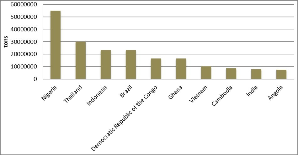 First 10 largest cassava producing countries according to FAOSTAT 48
