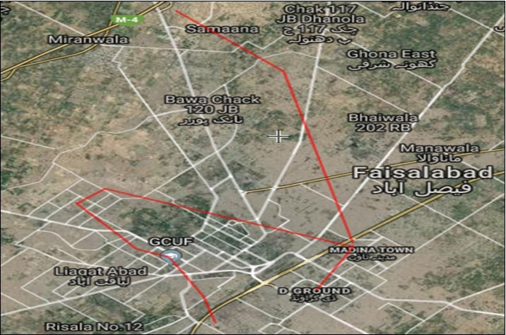 Eight different towns of district Faisalabad. Red lines indicate the tract of 8 towns for sample collection.