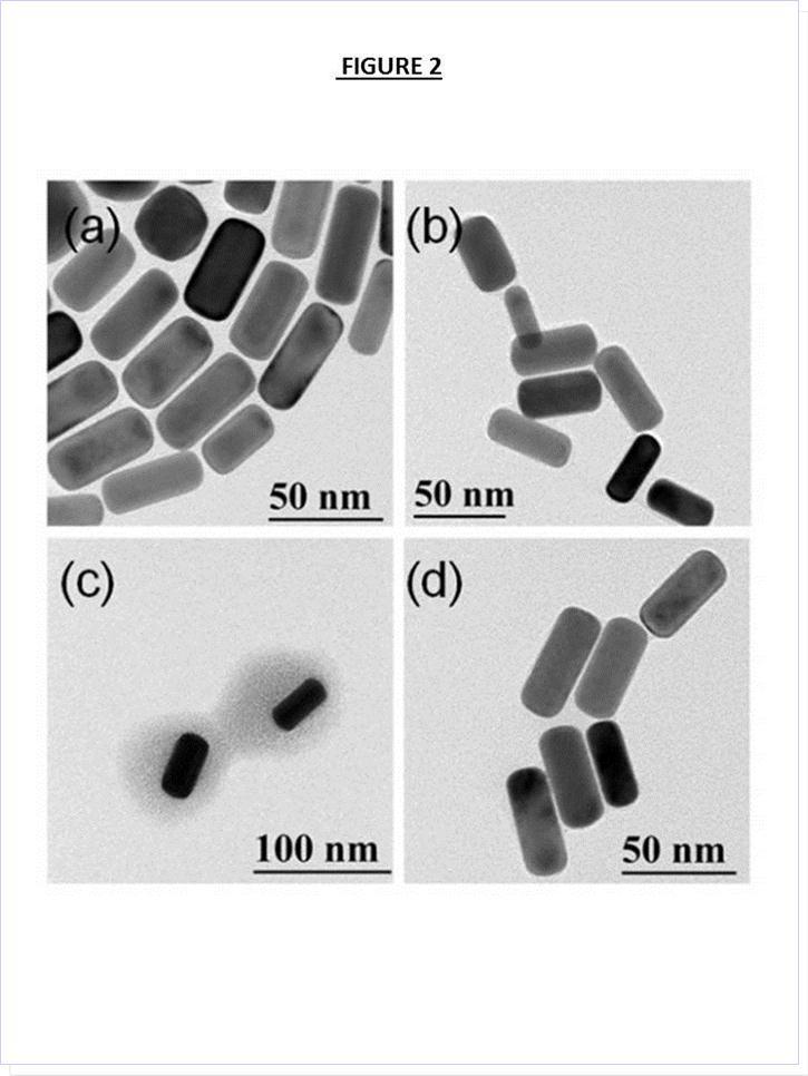Transmission Electron Microscopy of (a) GNR-PEG, (b) GNR-PEI, (c) GNR-CIT, and (d) GNR-PDDAC. The shapes of GNR have been retained after the surface modifications.