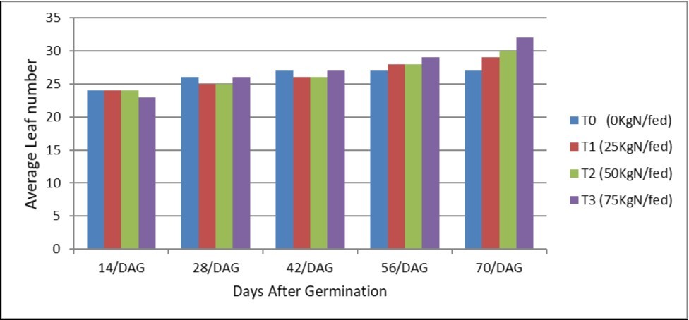Effect of different Nitrogen levels on the average leaf number of Sorghum -Alkadaro-Sudan (2014).