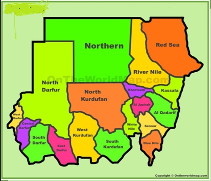 Shows the different States in Sudan.Source:http://ontheworldmap.com/sudan/administrative-divisions-map-of-sudan.html111.